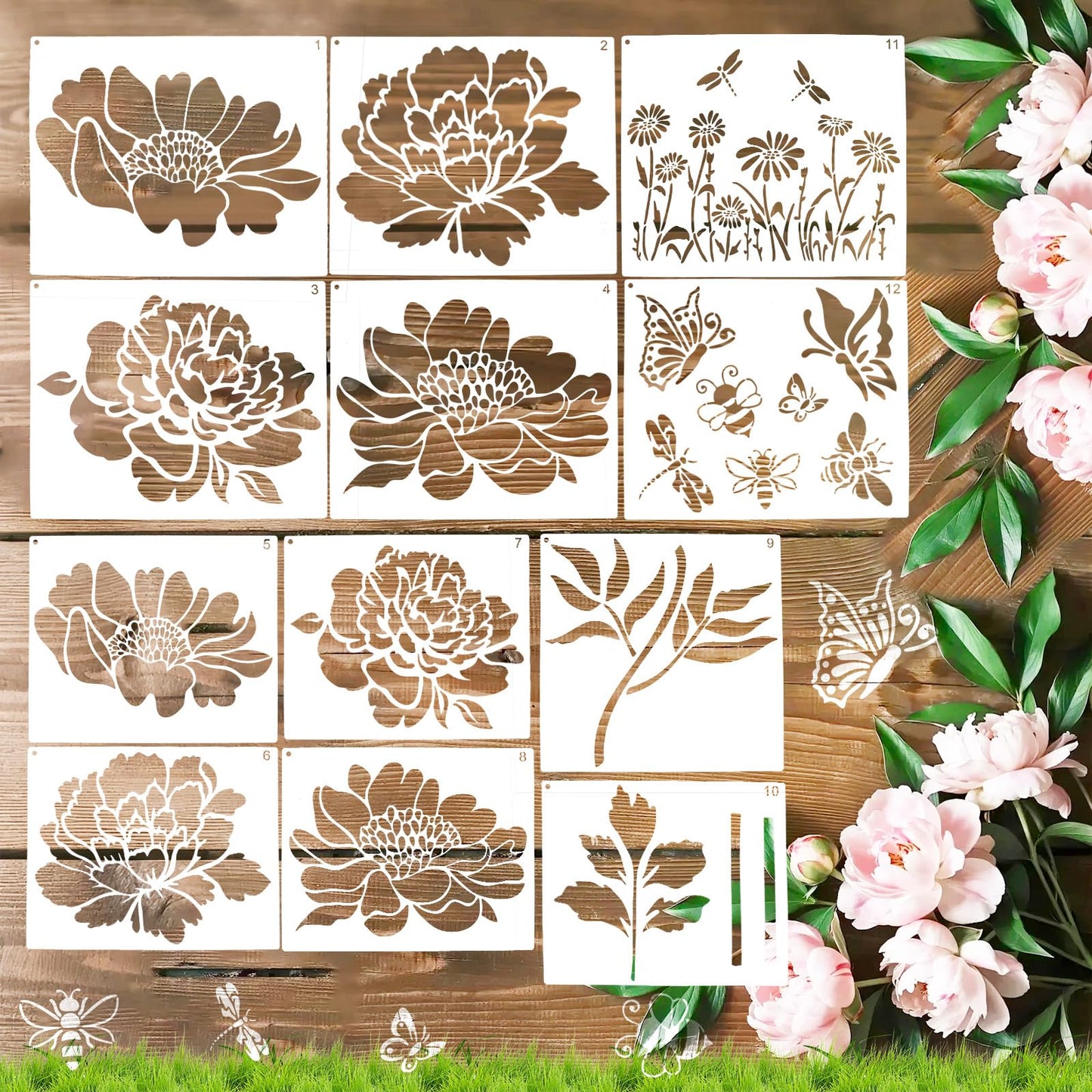 12Pcs Large Flower Stencils for Painting on Wood Fence, 14 Inch Reusable Fence Stencil, Peony Floral Stencils on Wall Wood Floor Canvas Paper Furniture Fabric