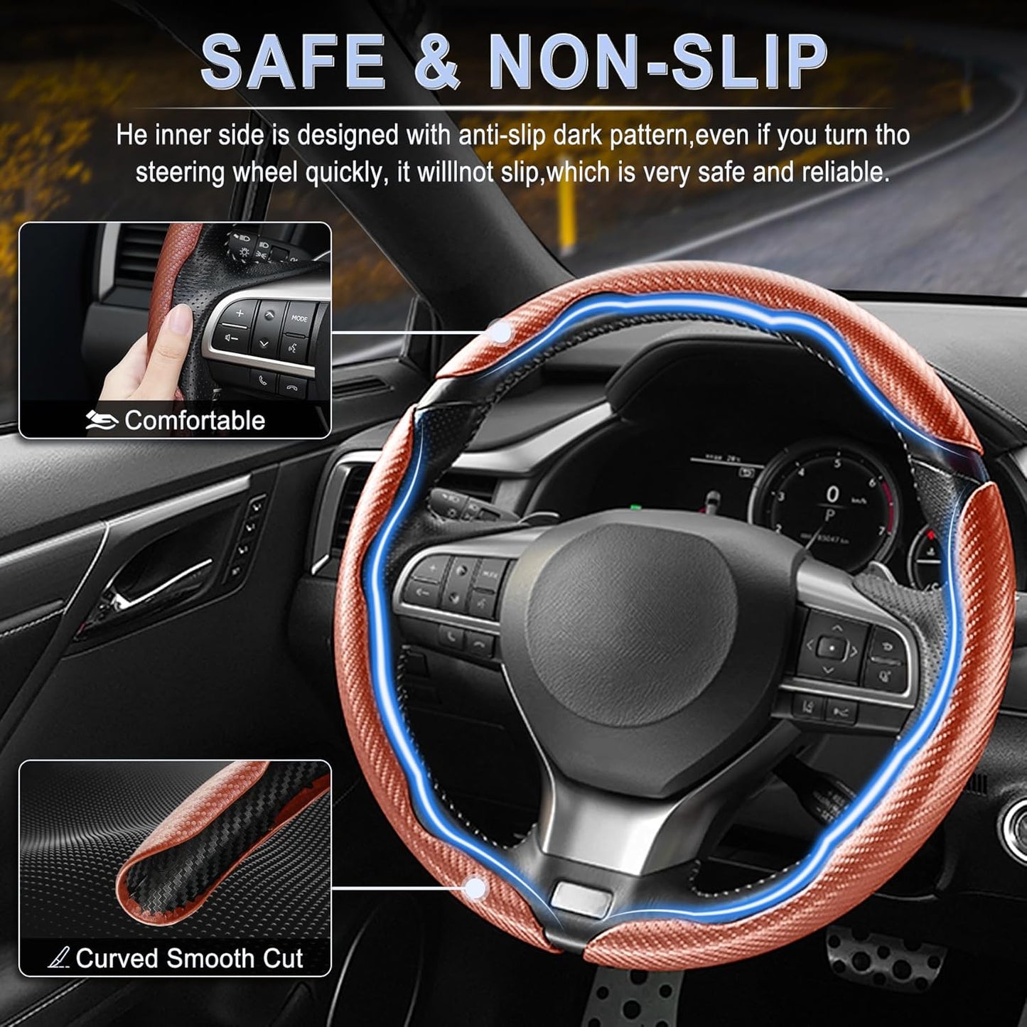 Amiss Carbon Fiber Steering Wheel Cover - 3pc Butterfly Segmented Protection, Champagne