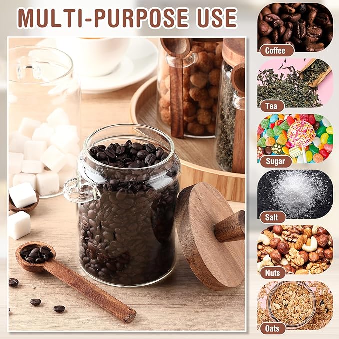 Remerry Set of 6 Glass Jar with Wooden Lid and Spoon, 20 oz Clear Airtight Spice Canisters Glass Food Storage Kitchen Containers Set for Coffee Bean Tea Sugar
