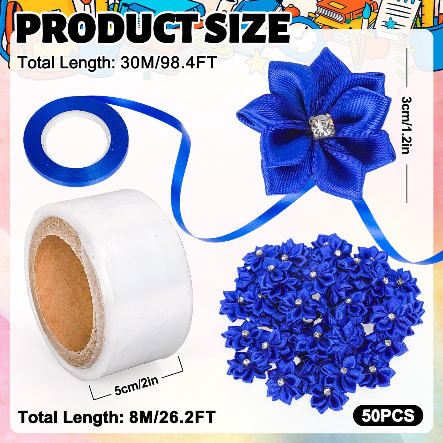 Whaline Graduation Candy Lei Making Kit, Blue DIY Graduation Wreath 26.2Ft Candy Lei Tubing Bags 50Pcs Flower Pieces 3 Roll Ribbons Congrats Grad Necklace for Grad Party Craft Favor