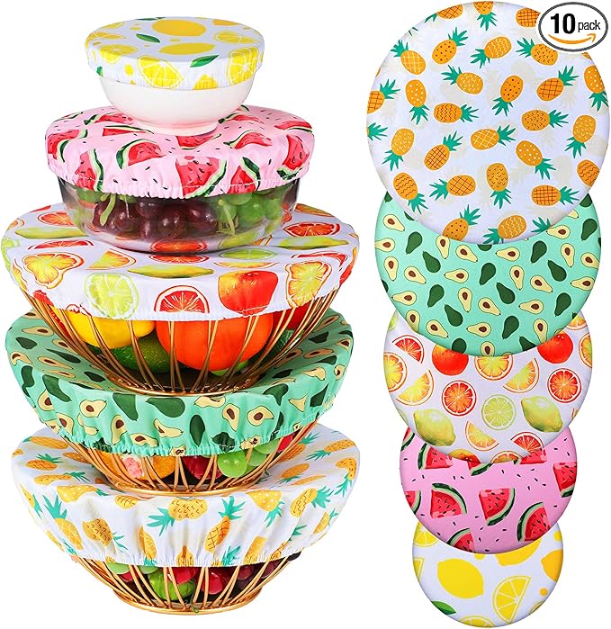 Patelai 10 Pcs Bowl Covers Reusable in 5 Size Stretch Cloth Fabric Elastic Food Storage Bowl Covers Bread Sourdough Lids for Proofing Food Fruits Leftover (Bright,Summer Style)