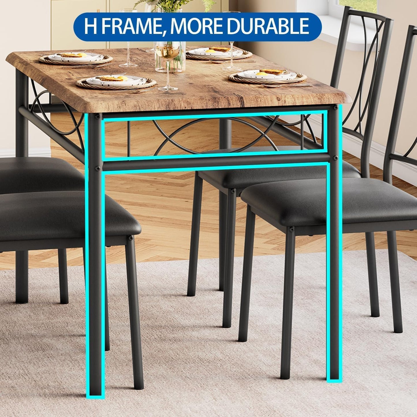 IDEALHOUSE Dining Table Set for 4, 5 Piece Dining Table Set with 4 Upholstered Chairs, Rectangular Dining Room Table Set of 4 for Small Space, Apartment, Retro Brown