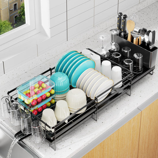 Pantasia Large Dish Drying Rack, Expandable Dish Rack for Kitchen Counter, Dish Drainer with Drainboard Set, Multifunctional Dishrack with Utensil & Cup Holder, 13.4"-28.7" L x 11.8" W x 7.8" H, Black