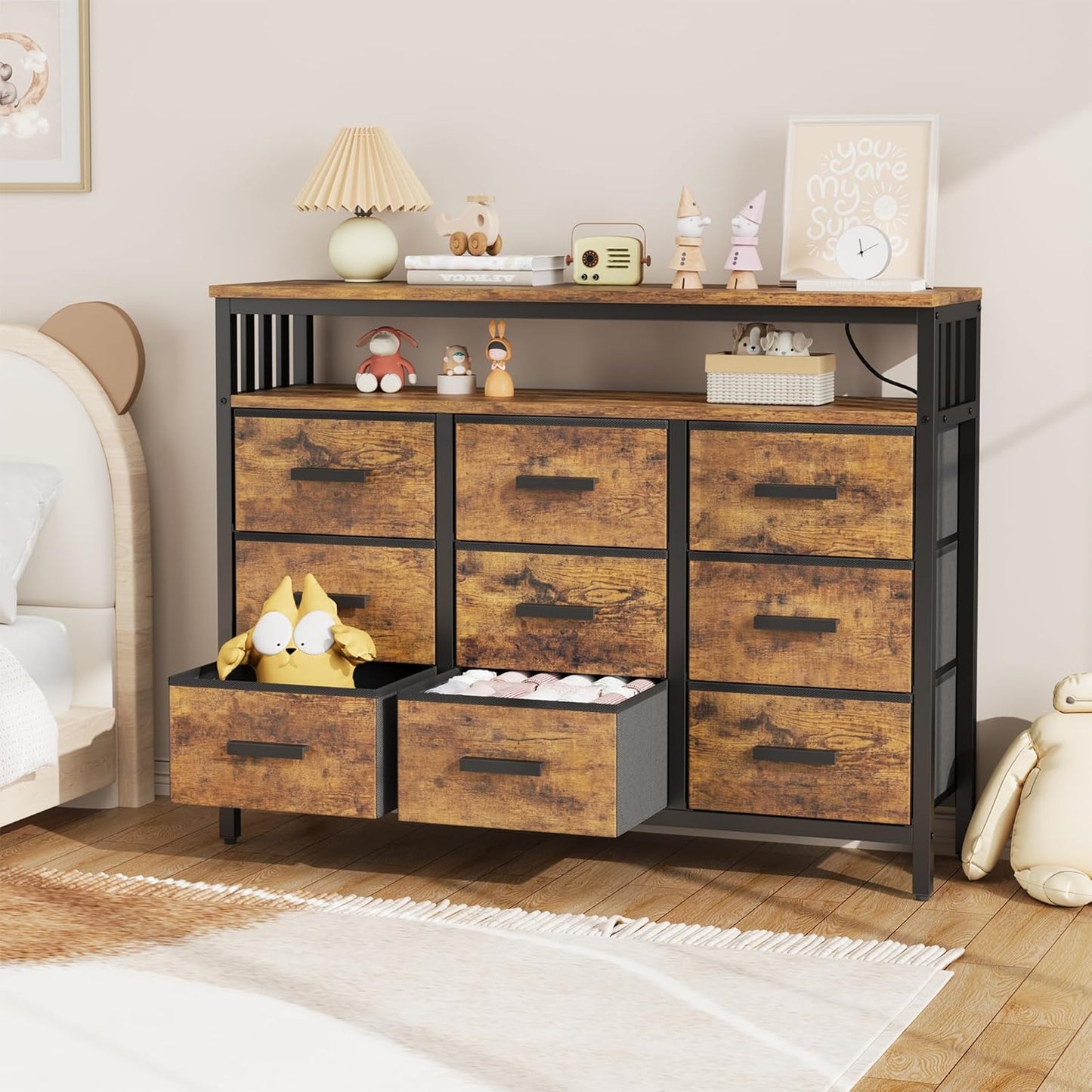 9 Drawer Dresser TV Stand up to for 50” TV with LED Lights & Power Outlets, Entertainment Center with Open Shelf, Media Console, Large Storage Dresser for Bedroom (Rustic Brown)