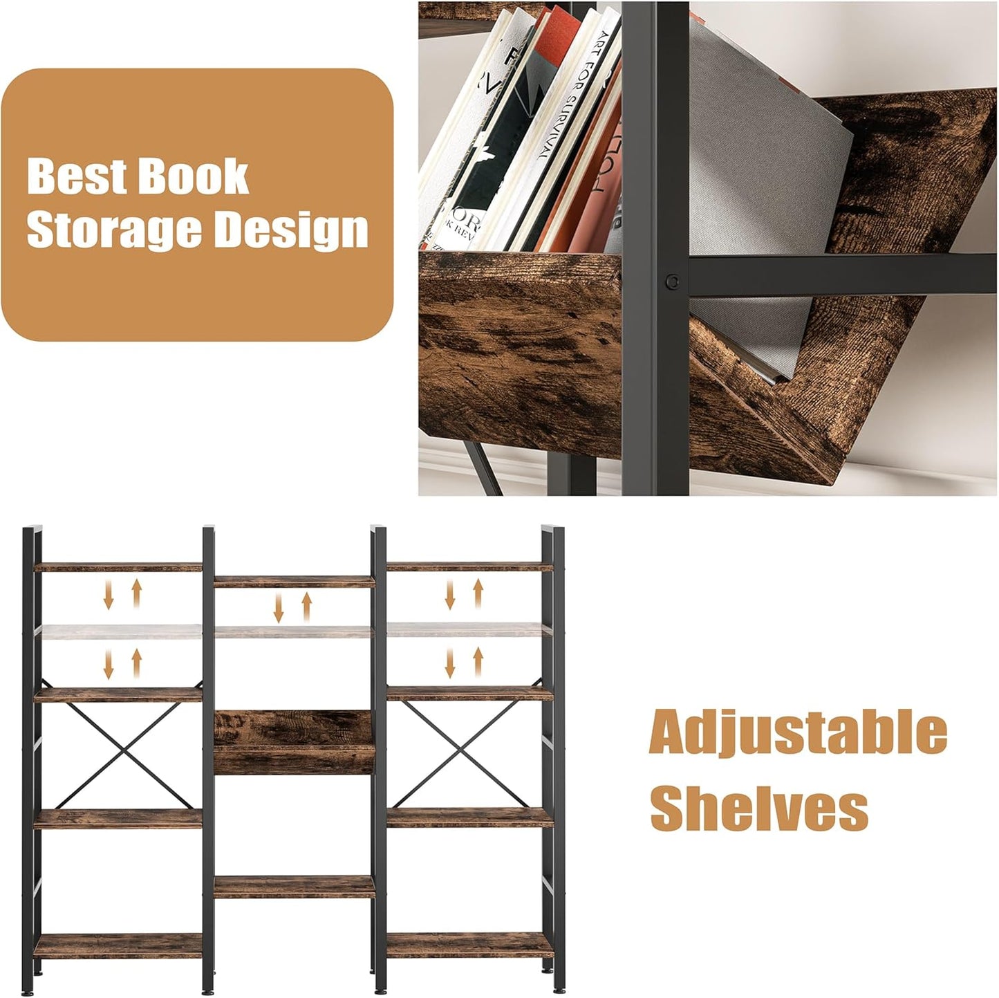 Shintenchi Industrial Bookcase,71.6” Triple 4 Tier Bookshelf with 11 Open Display Shelves,Large Etagere Bookshelf Open Record Player Shelves,Wide Book Shelf Book Case for Home & Office,Rustic Brown
