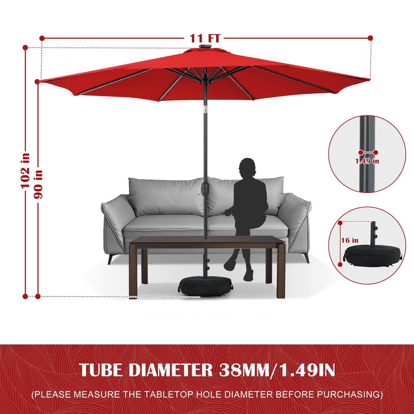 Sundale Outdoor Olefin 5-Year-Non-Fading Solar 104 LED 11FT Solar Patio Umbrella with Sand Bag Base, Outdoor Umbrella with Tilt and Crank, Red