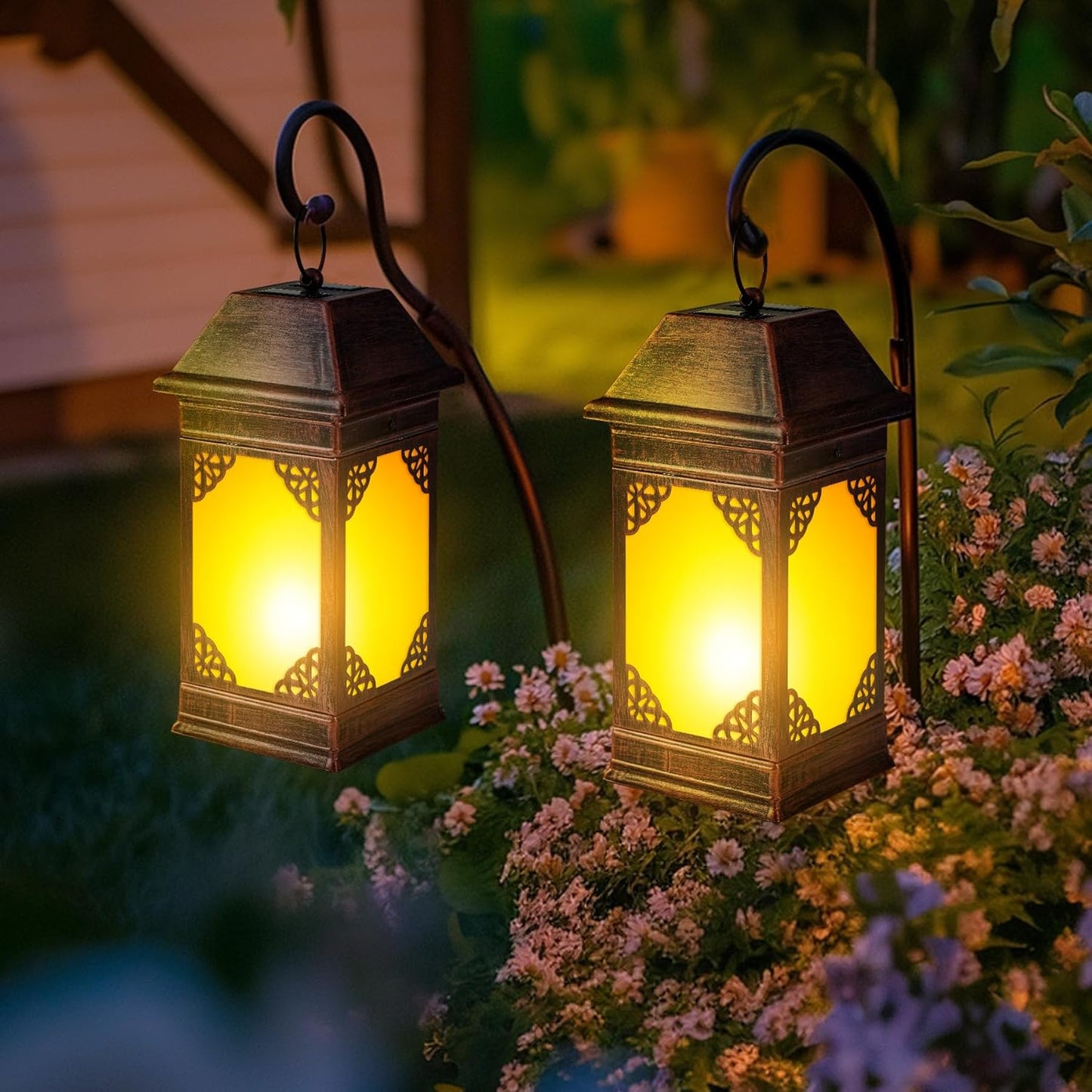 14" Solar Lanterns Outdoor Waterproof, Glass Flickering Flame Solar Lantern, Hanging Metal Lantern Decorative for Patio Front Porch Garden Backyard Tabletop Party Decoration