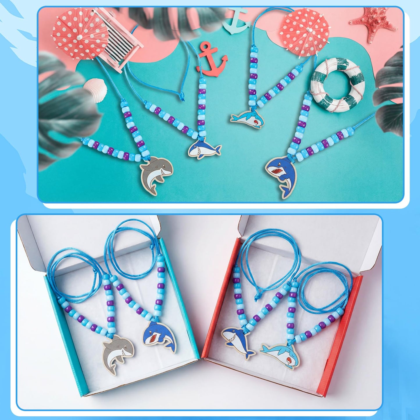 Ecally 24 Sets Shark Bead Necklaces Crafts Ocean Animals Beads for Necklaces Making DIY Summer Shark Charms Pendant for Under the Sea Beach Themed Party Favor Supplies Classroom Activities