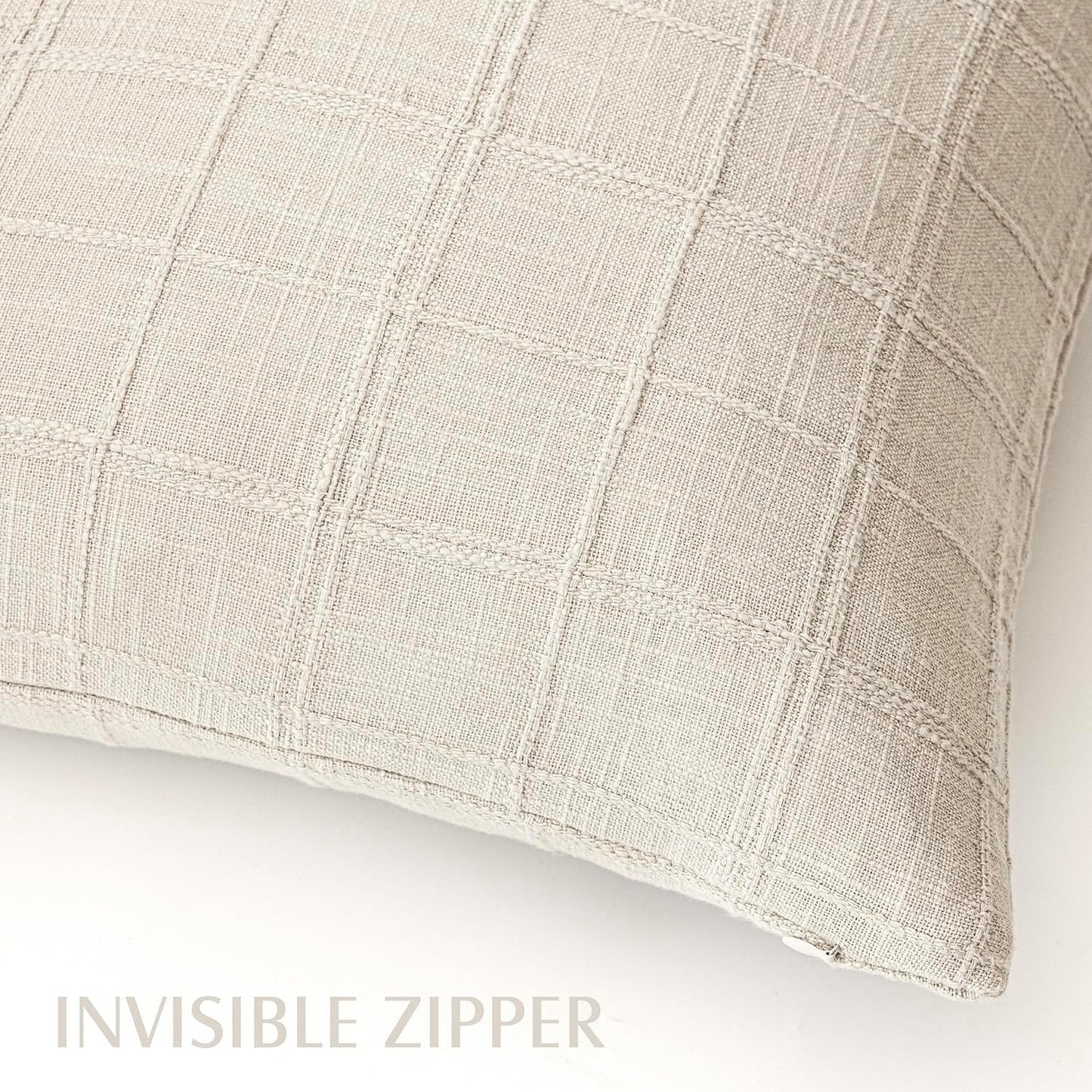 Foindtower Set of 2 Decorative Linen Check Throw Pillow Covers Neutral Farmhouse Vintage Cushion Covers Modern Boho Home Decor For Sofa Chair Couch Bedroom Living Room Outdoor,26×26 Inch,Natural Beige