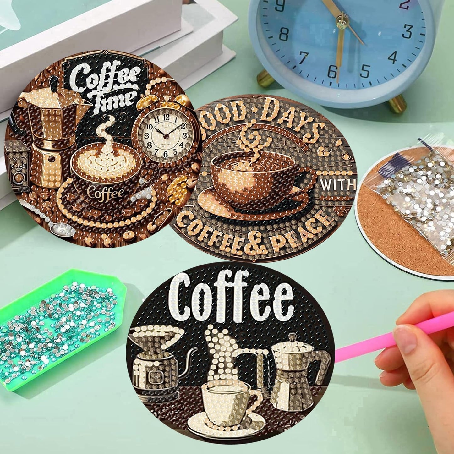 8 Pcs Coffee Diamond Art Coasters Kits, Coffee Diamond Painting Coasters Kit Set with Holder Cork Pads, DIY Diamonds Art Non Slip Coaster Crafts Kits for Adults Beginners Gifts