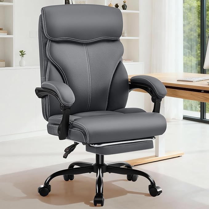 Office Chair - Ergonomic Comfortable High Back Computer Desk Chair with Foot Rest - Executive Breathable Swivel Rolling Reclining Leather Chair with Lumbar Support for Home Gaming Relaxing