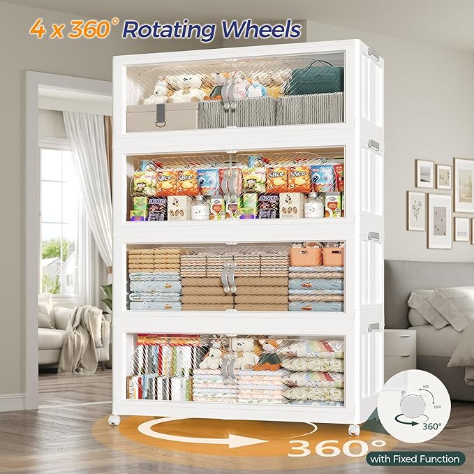120GAL Plastic Storage Bins with Lid, 480QT Extra Large Stackable Closet Organizers and Storage, Collapsible Storage Boxes with Wheels, Folding Cabinet for Home Kitchen Office, 3Pack White