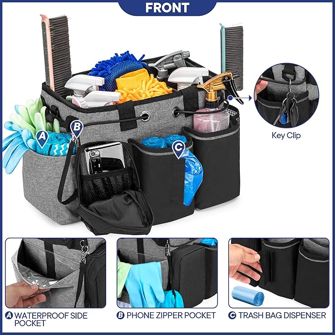 LoDrid Large Professional Cleaning Caddy with Detachable Divider, Supply Organizer with Handle and Shoulder Strap, Cleaning Bags for Housekeepers & Cleaners, Black