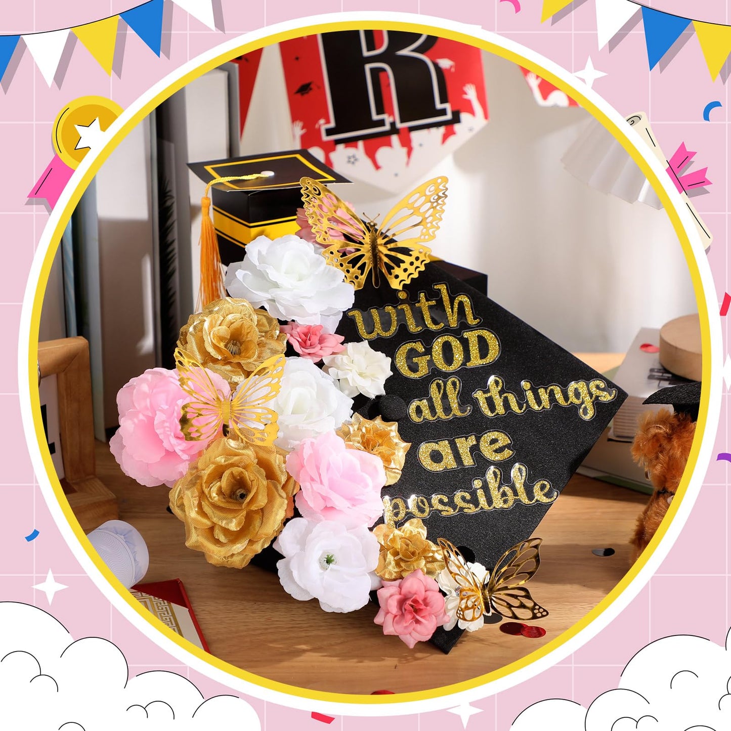 Knitgrip 31 Pcs DIY Graduation Cap Decorations Kit Faux Flower Heads 3D Butterfly Stickers Graduation Quotes Glitter Decals for Grad Hat Topper Graduations Party Supplies(Pink, White, Gold)