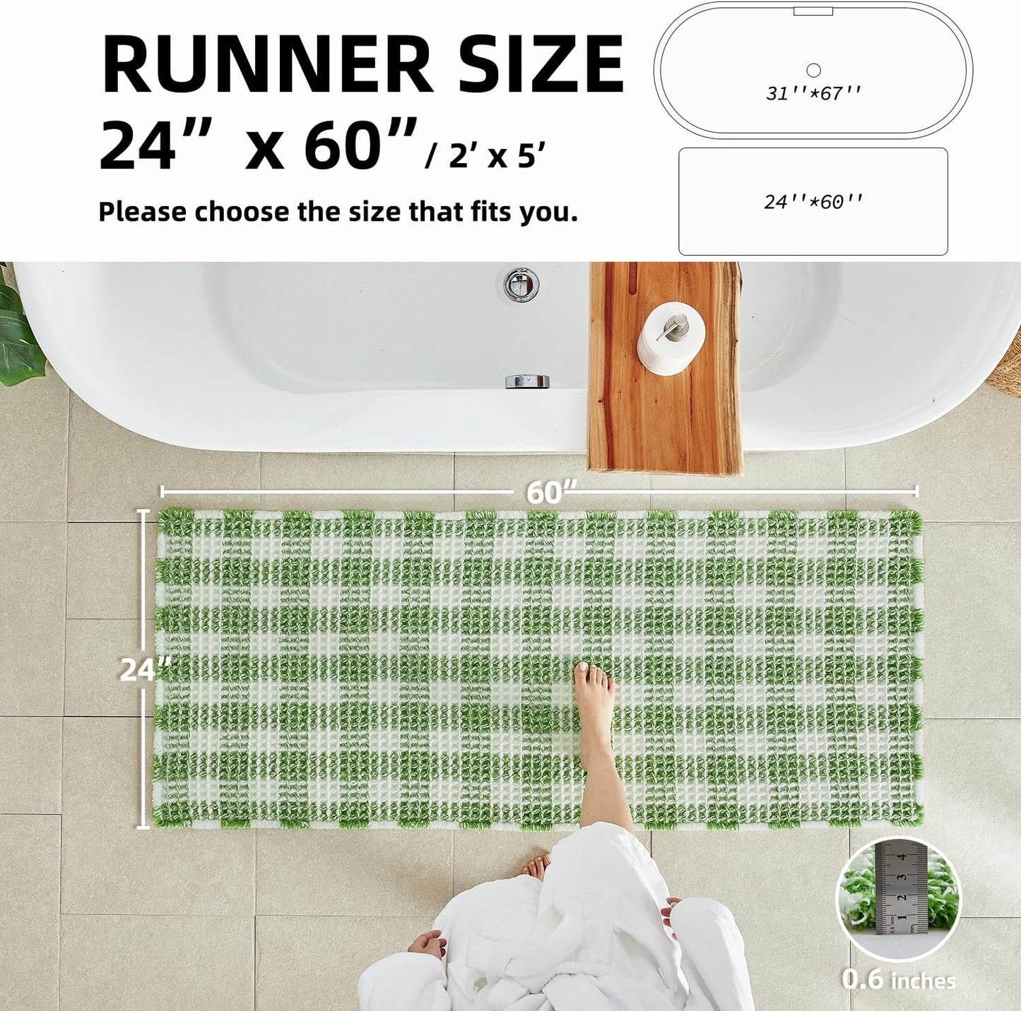 Waffle Runner Rug Bathroom, Long Boho Bathroom Rugs Non Slip Washable Absorbent Checkered Bathroom Mat Quick Dry Cute Bath Mat, 60"x24" Green and White