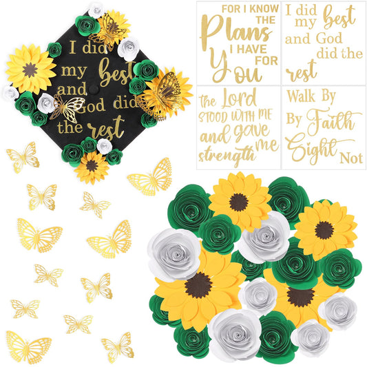 Suncalla Green DIY Graduation Cap Decorations Kit, 20 Pcs Roses Sunflower Flower Heads 4 Inspirational Quote Glitter Stickers 12 3D Butterfly Grad Cap Topper for Cake Photo Art DIY Grad Party Supplies