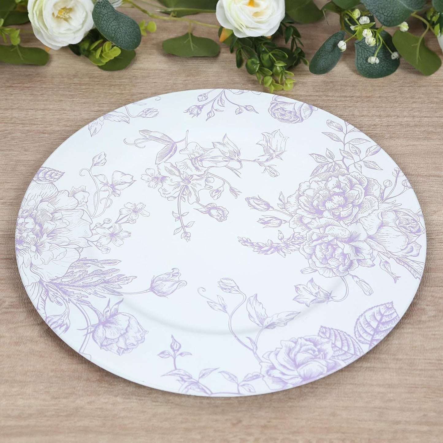Efavormart 6 Pack Floral Acrylic Charger Plates in French Toile Pattern, Matte Lavender and White Round Dinner Charger Event Tabletop Decor - 13"