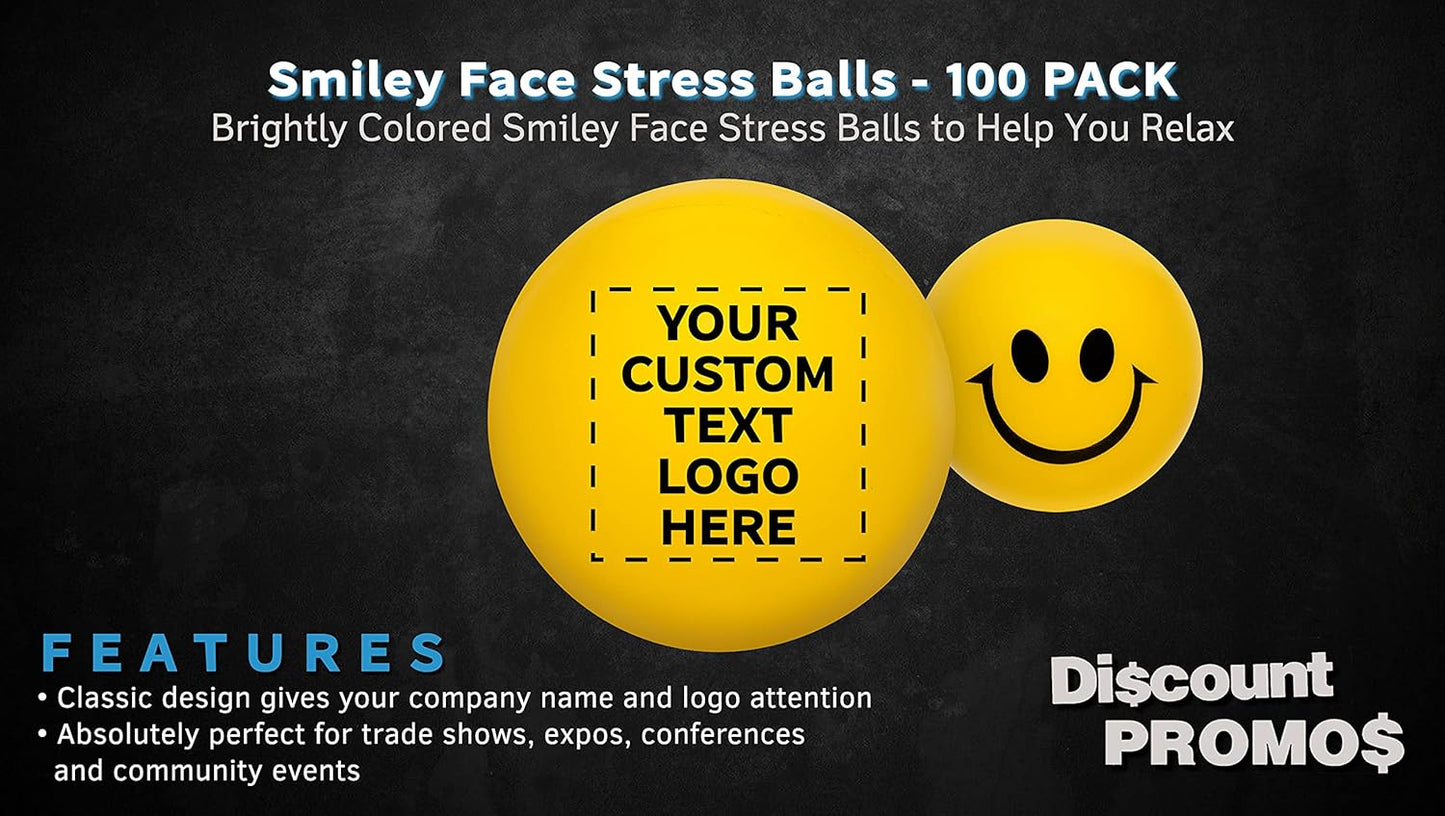 DISCOUNT PROMOS Custom Smiley Squeeze Balls Set of 100, Personalized Bulk Pack - Perfect for Promotional Giveaways - Yellow