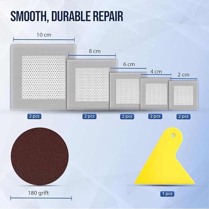 Drywall Repair Kit – 2 × 120g Fast-Dry Putty Tubes with 2×2″ & 4×4″ Wall Patch Mesh, Dual Scrapers & 2 P180 Sandpapers | Quick-Dry Spackle & Sheetrock Crack Filler for Wall, Ceiling & Plaster Repair