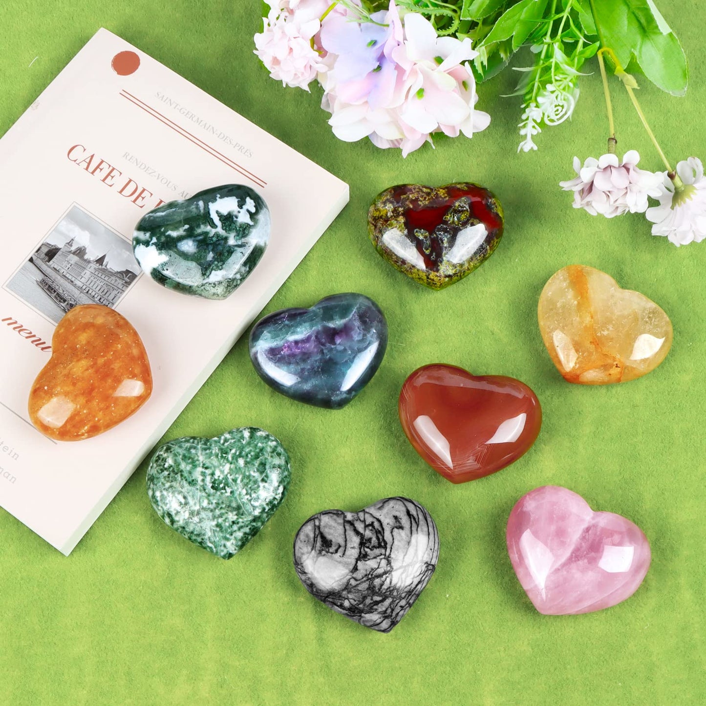 SMQ 2.4 Inch Rainbow Fluorite Crystal Heart Shaped Worry Stone for Anxiety Hand Carved Polished Gemstone Love Pocket Palm Chakra Stones Gifts for Balancing Reiki Healing