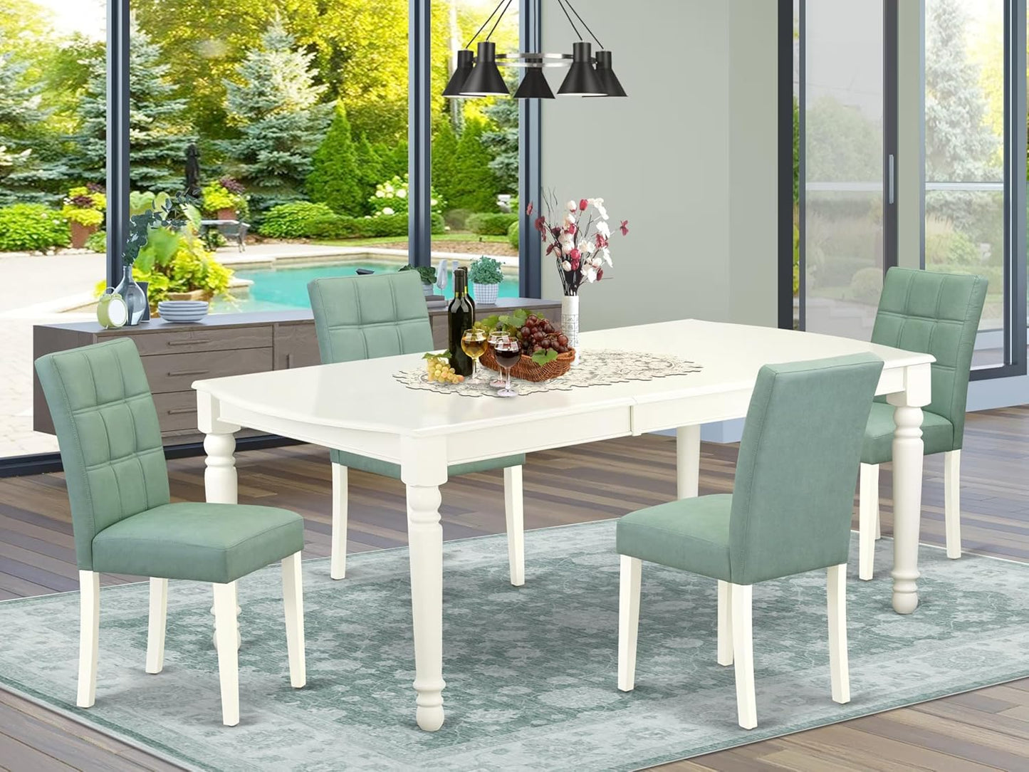 East West Furniture DOAS5-LWH-43 5 Piece Mid Century Modern Dining Set Includes A Wooden Table and 4 Willow Green Polyester Fabric Parsons Chairs, Linen White