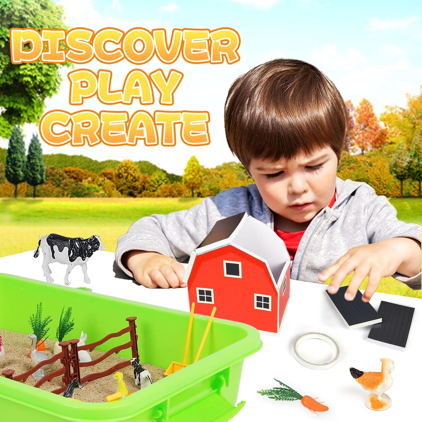 Farm Sensory Bin，Farm Animals Sand Kit with Sensory Sand，Barn Sandbox with Tractor，Sensory Play Sand Set for Kids 3 4 5 6 7