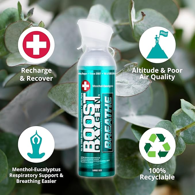 Boost Oxygen Large Breathe Menthol-Eucalyptus Aroma 10L Canister | Respiratory Support for Aerobic Recovery, Altitude, Performance & Health (2 Pack)