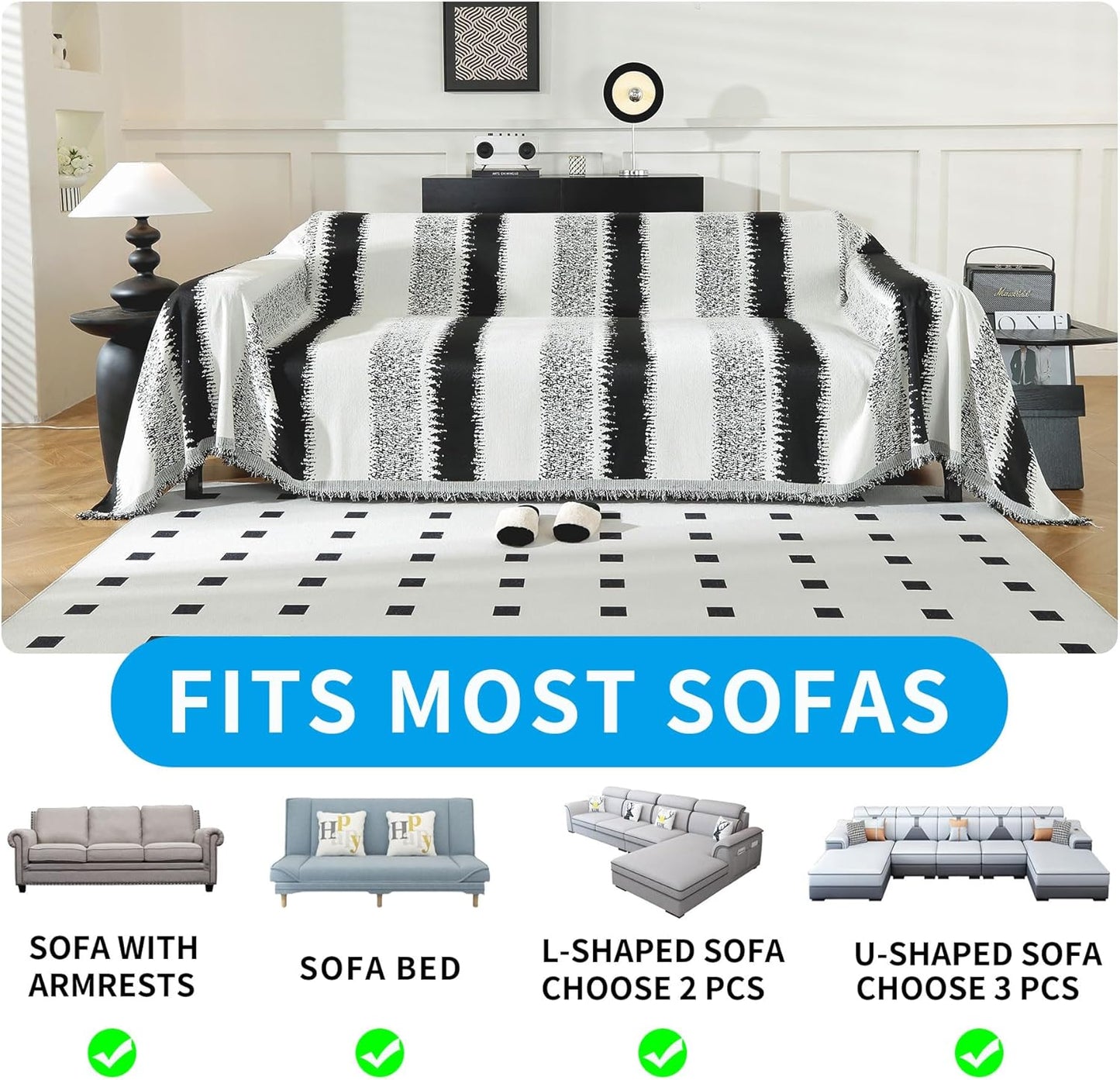 LUFEIJIASHI Boho Couch Covers for Sofa Non Slip Sofa Covers Washable Couch Covers for 3 Cushion Couch Sofa Pet Friendly Sectional Couch Cover Blanket Furniture Protector for Dogs (Black, 91"x150")