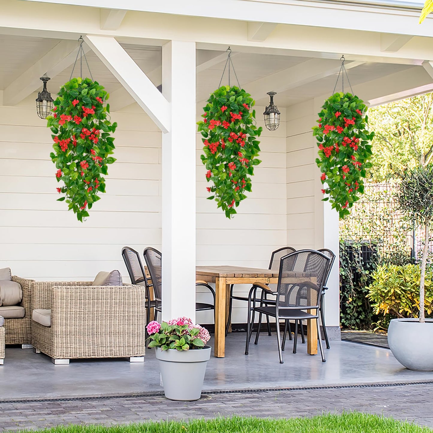 BLEUM CADE Artificial Hanging Flowers for Outdoors, 4pcs Fake Hanging Plants Pothos Vines with Red Flowers for Wall Home Living Room Indoor Outdoor Decor (No Baskets)