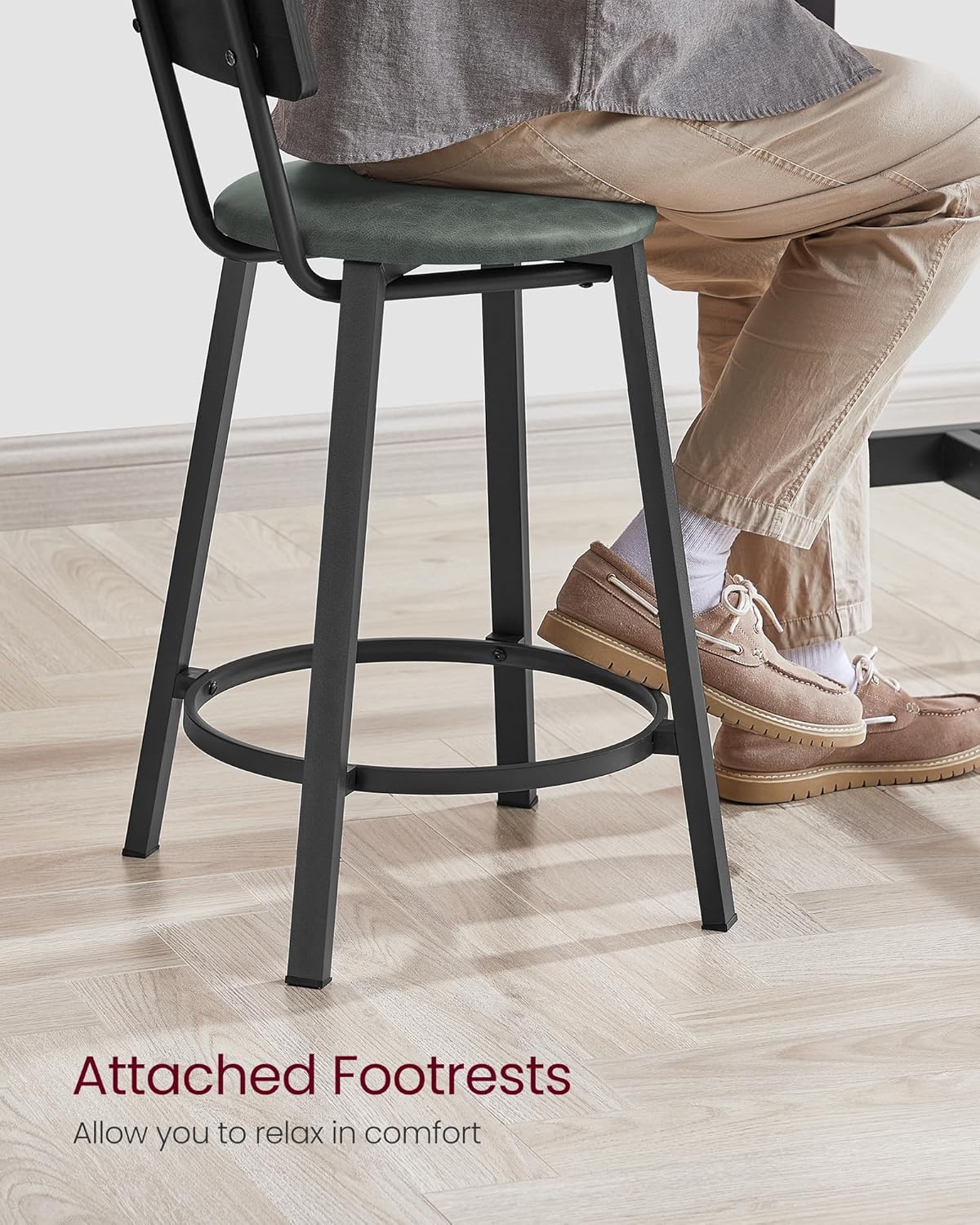 VASAGLE Bar Stools, Set of 2 PU Upholstered Breakfast Stools, 29.7-Inch Barstools with Back and Footrest, Simple Assembly, for Dining Room Kitchen Counter, Classic Black and Forest Green ULBC059C01