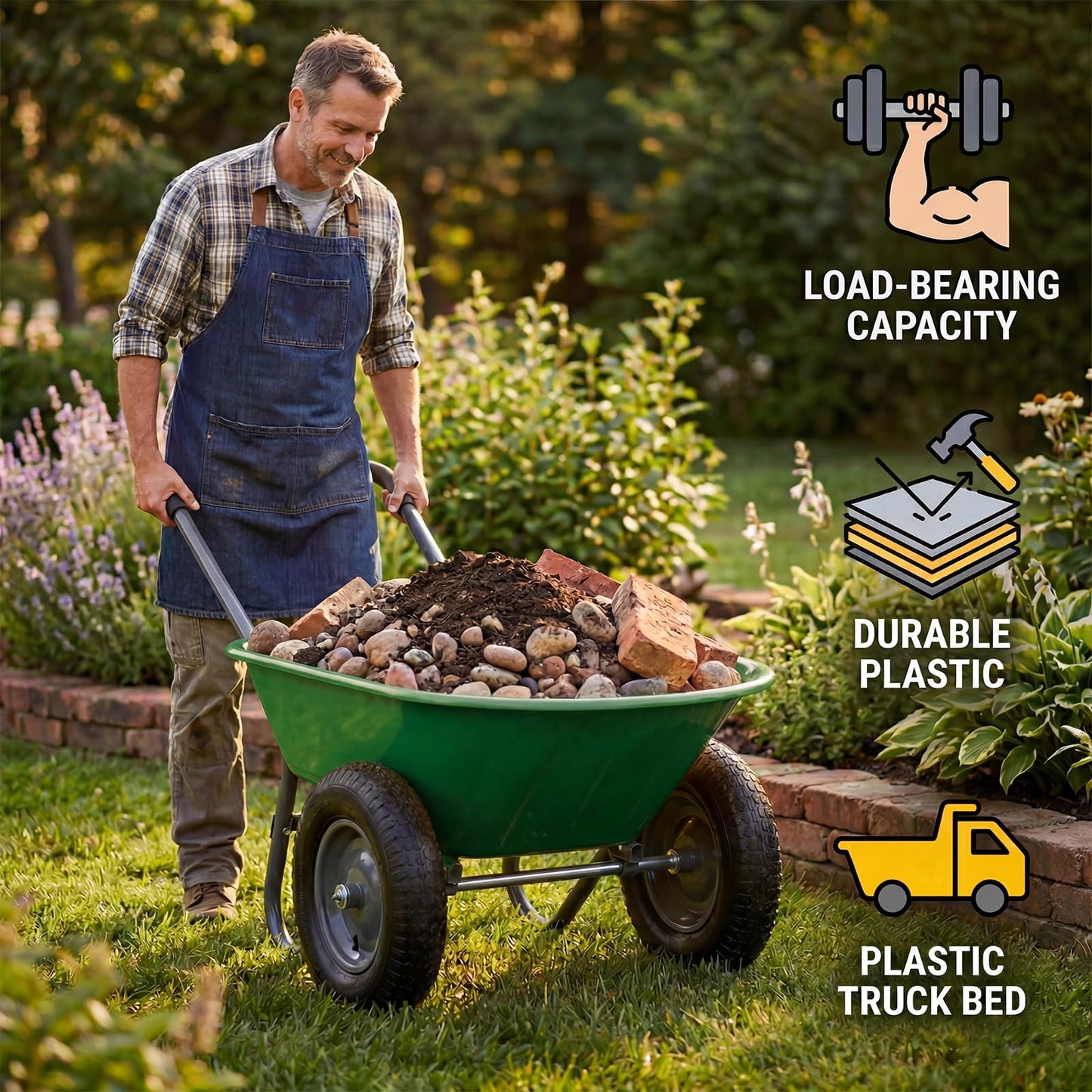 Garvee Wheelbarrow Garden Cart, Heavy Duty Home Utility, Dual-Wheel Home Garden Yard Utility Wheelbarrow Cart with Built-in Stand,(Green)