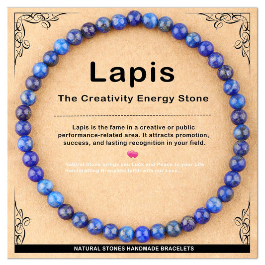 AD Beads 4mm Handmade Lapis Elastic Bracelet – Natural Gemstone for Profession Success – Meditation, Yoga, Healing and Energy Gift for Men Women