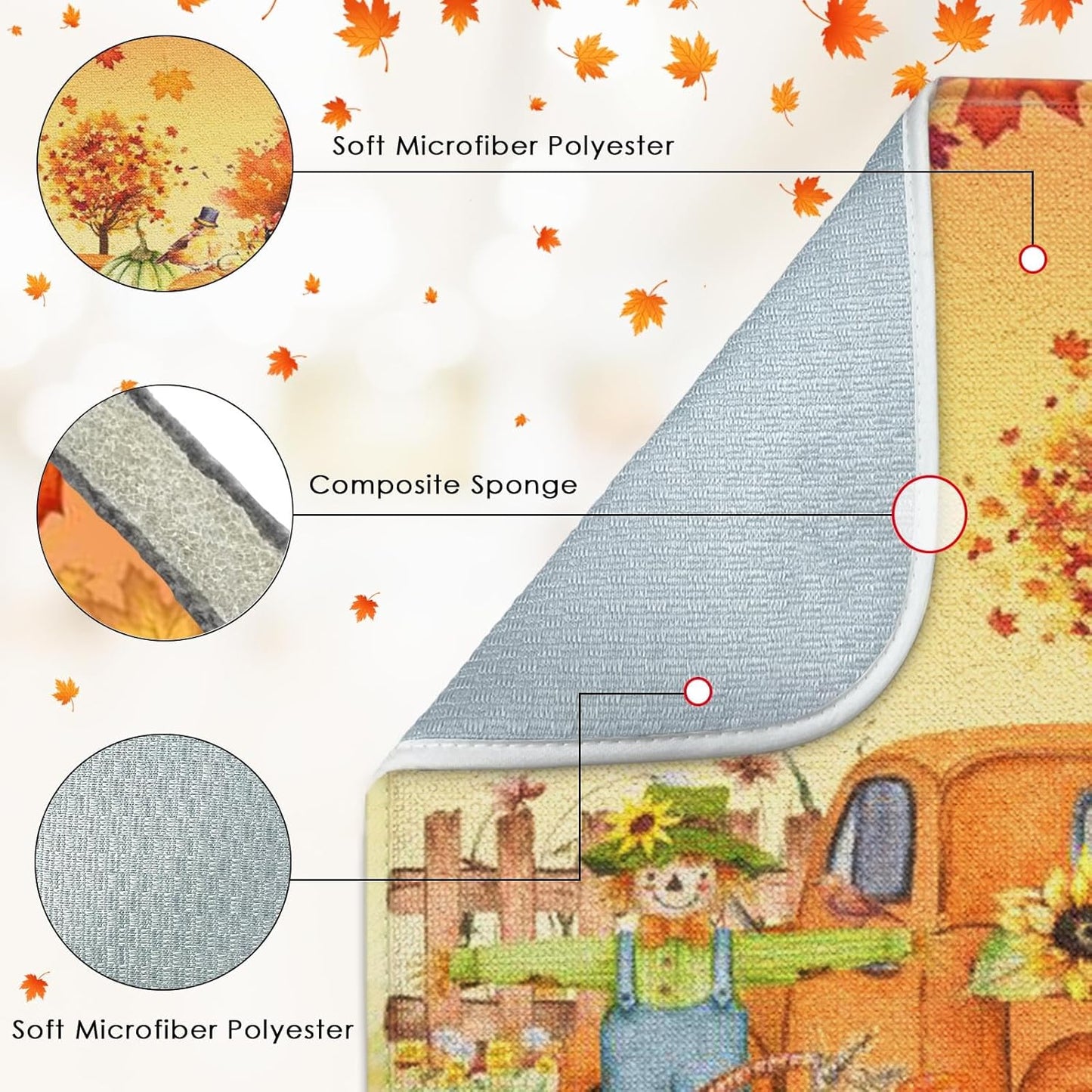 Sanwarm Absorbent Dish Drying Mat, Fall Truck Pumpkin Microfiber Pad for Kitchen Counter, Tree Leaf for Coffee Bar Decor, Heat Resistant and Reversible, 18" x 24"
