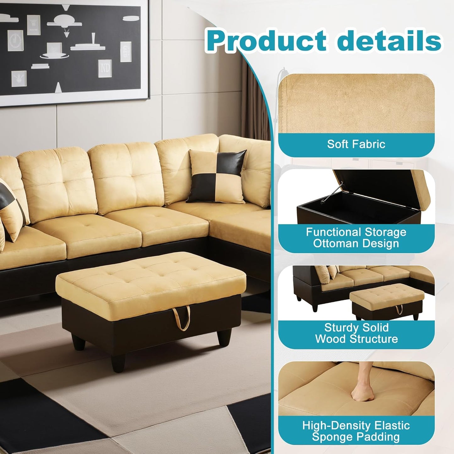 Couches for Living Room Modern L Shaped Couch Comfy Lint Fabric 3 Pieces Sectional Sofa with Chaise, Ottoman with Storage for Office and Small Apartment, Beige and Brown