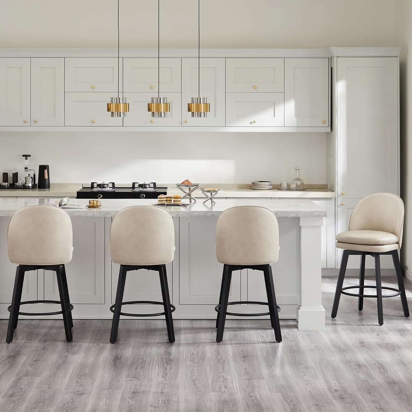 Counter Height Barstools 26 inch Upholstered Swivel Bar Stools with Back and Wood Legs for Kitchen Island,Set of 3,Beige PU Leather-Armless