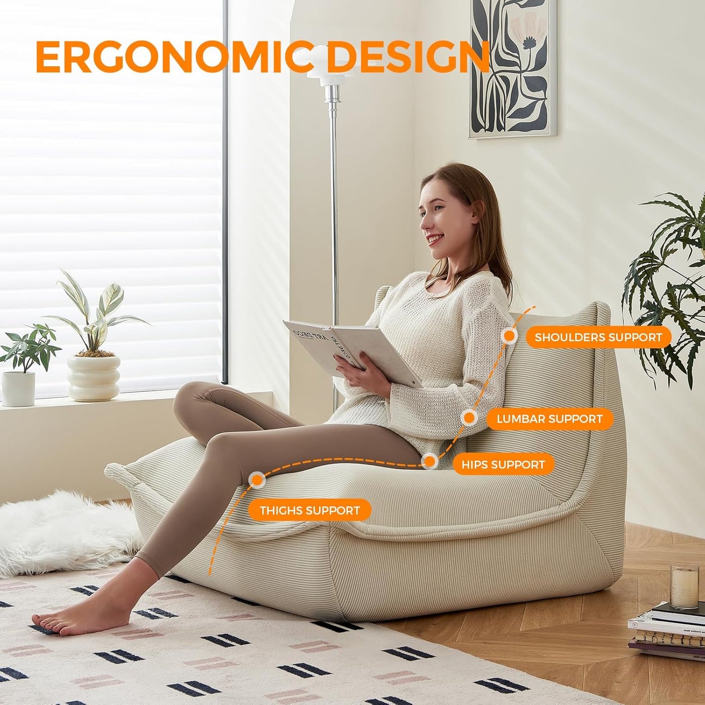 Bean Bag Chairs for Adults Giant BeanBag Chair Sofa Memory Foam Bean Bag Chair Couch with Ergonomic Design for Adults and Kids Home Living Room Bedroom Office Home Gaming Salon(Beige)