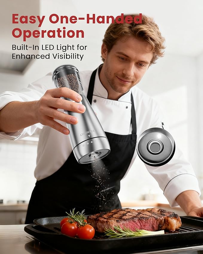 Electric Salt and Pepper Grinder Set - Automatic Stainless Steel Rechargeable Salt and Pepper Grinder Set with Storage Base, Large Capacity, LED Light & Adjustable Coarseness, Ideal Kitchen Gadget