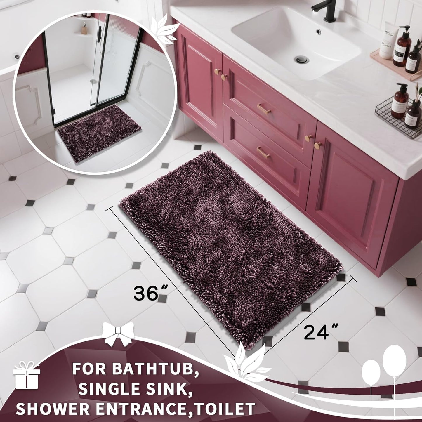 Yimobra Large Bathroom Rug Non Slip 36x24 Inch, Extra Thick Soft Absorbent Chenille Bath Mat, Machine Washable Bath Rugs for Bathroom Floor, Tub and Shower, Home Decor Accessories, Purple Grey