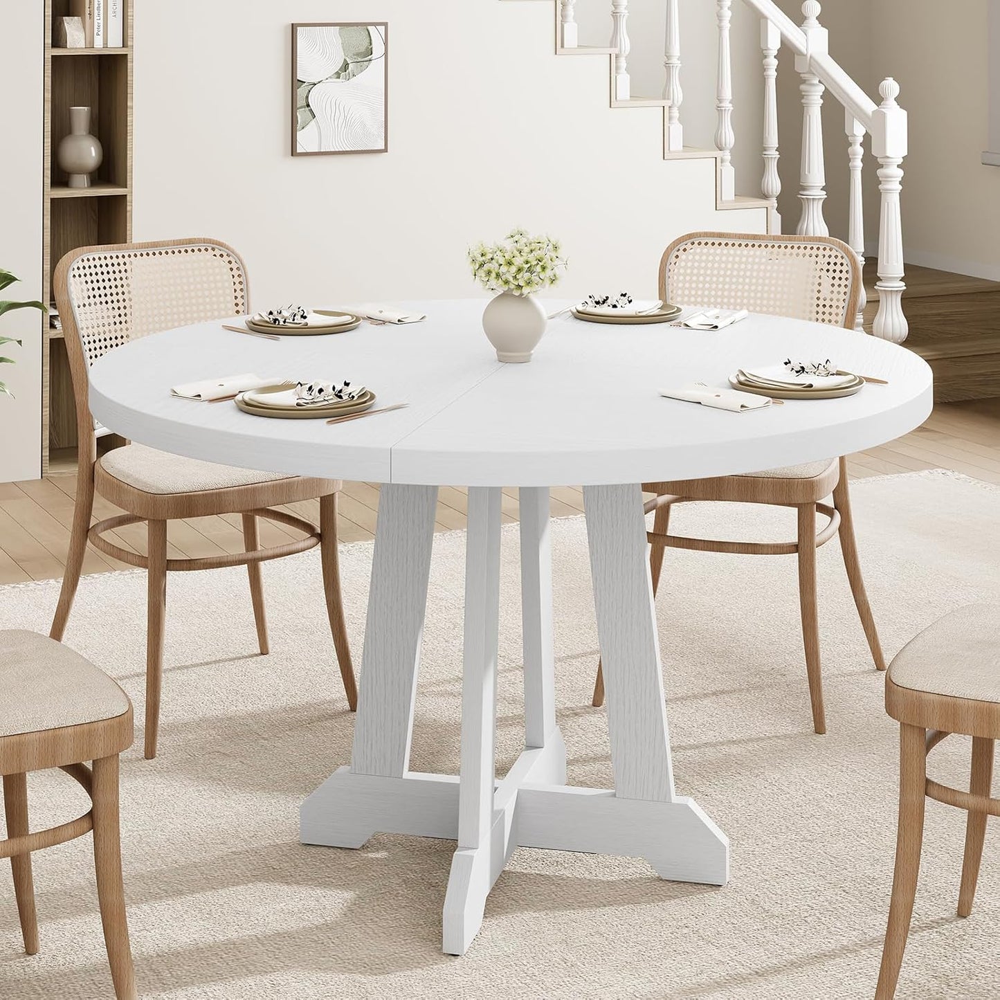 Garvee Dining Table for 4 to 6 People, 47 Inch Round Dining Table, Wooden Kitchen Table with Sturty Legs, Dining Room Table for Dining Room, Kitchen，White