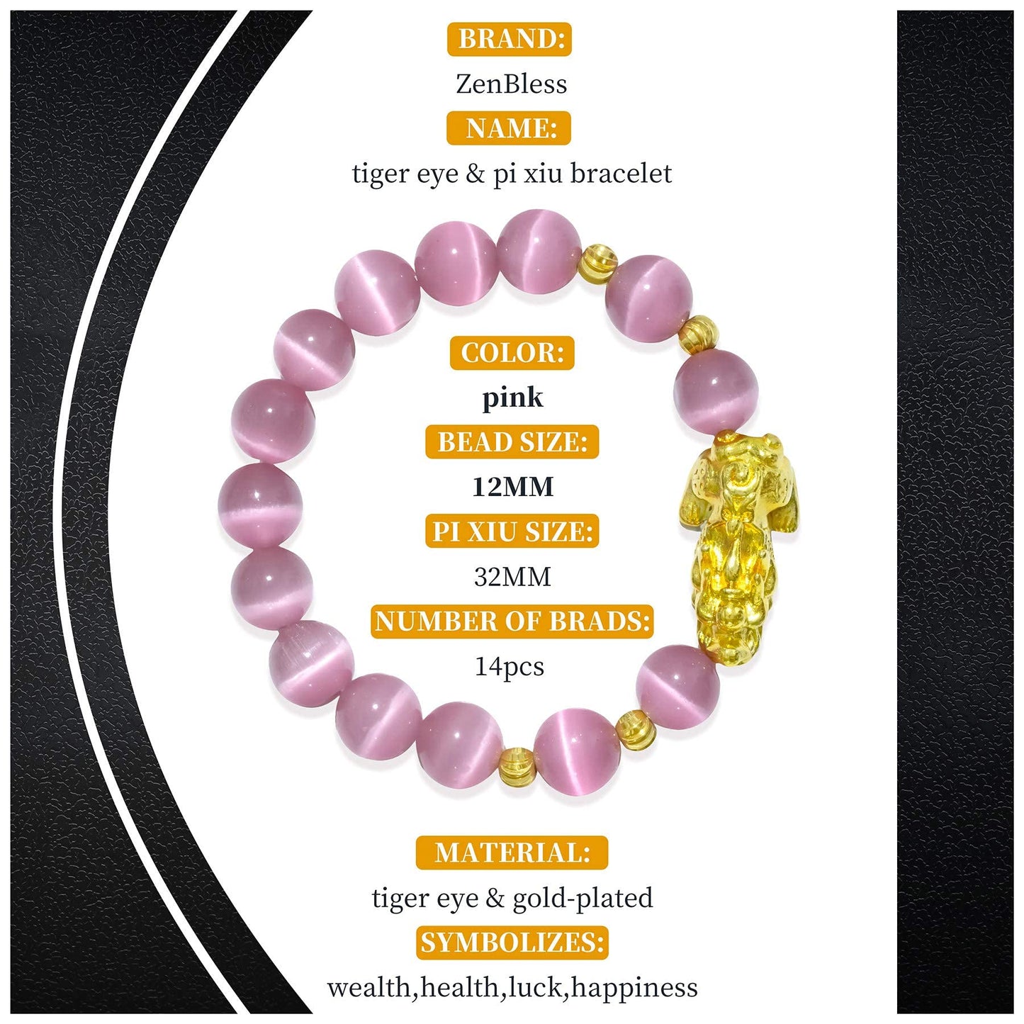 ZenBless Feng Shui Bracelet Cat Eye Bead Bracelet with Gold Plated Pi Xiu/Pi Yao Attract Wealth and Good Luck Amulet Gift(Pink L)