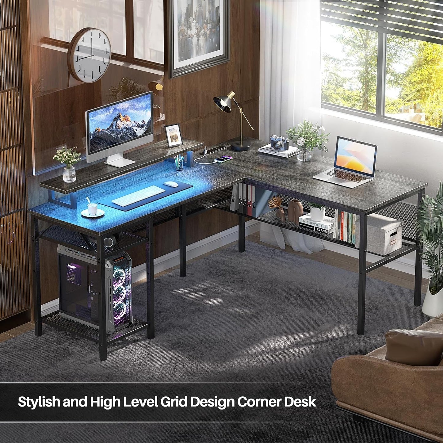 L Shaped Computer Desk with Magic Power Outlets and Smart LED Light, Reversible Office Corner Desk with Ergonomic Monitor Stand, Large Gaming Table with Storage, Sleek Grid Design, Black Oak