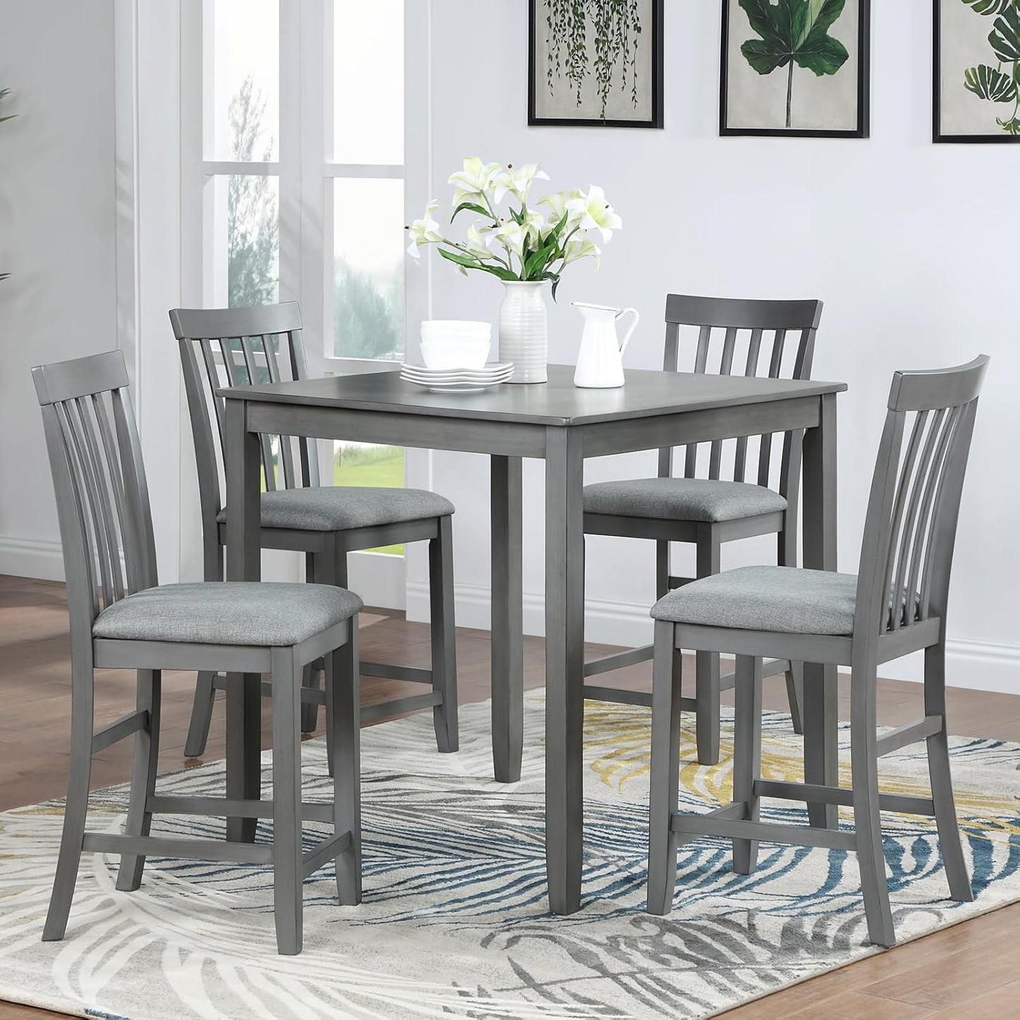 KEIKI 5-Piece Counter Height Dining Table Set with Square Table and 4 Upholstered Vertical Slatted Backrset Chair, for 4 Person, Modern Wooden Table Set, Easy Assembly, for Kitchen, Dining Room, Gray
