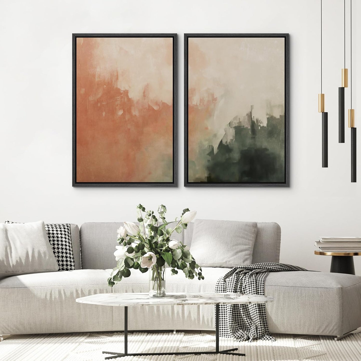 SIGNWIN Framed Canvas Print Wall Art Set Color Fade Abstract Landscape Earthy Terracotta and Forest Green Illustrations Modern Minimal Decorative for Living Room, Bedroom, Office - 24"x36"x2 Black