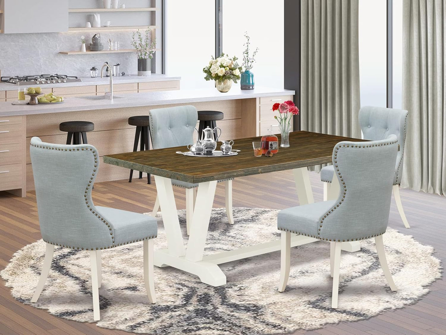 East West Furniture V077SI215-5 5 Piece Dining Set Includes a Rectangle Dining Room Table with V-Legs and 4 Baby Blue Linen Fabric Upholstered Parson Chairs, 40x72 Inch, Multi-Color