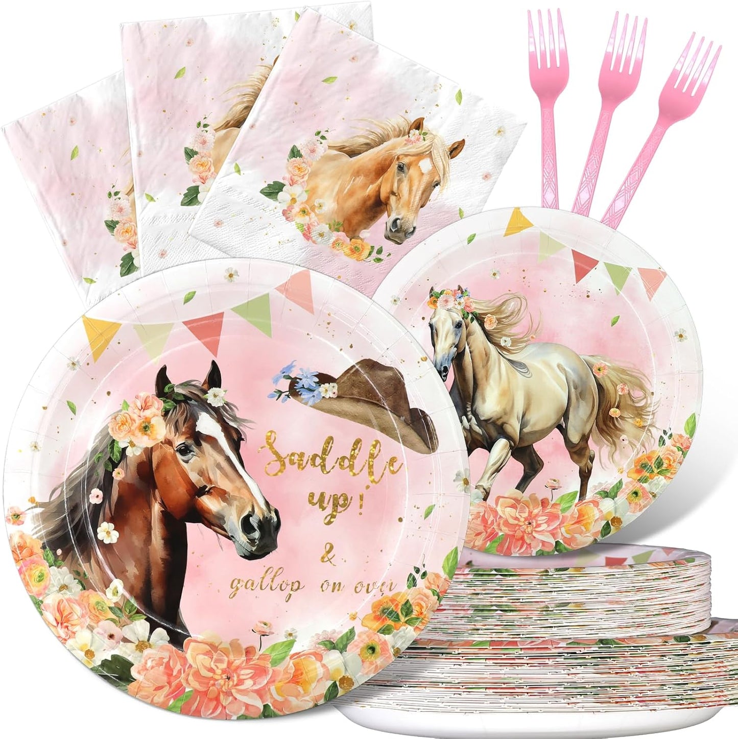 Girl Horse Party Decorations Set - Fun Horse Party Plates, Napkins, and Forks for an Exciting Celebration - Disposable Horse-Themed Party Supplies for Birthdays and Events