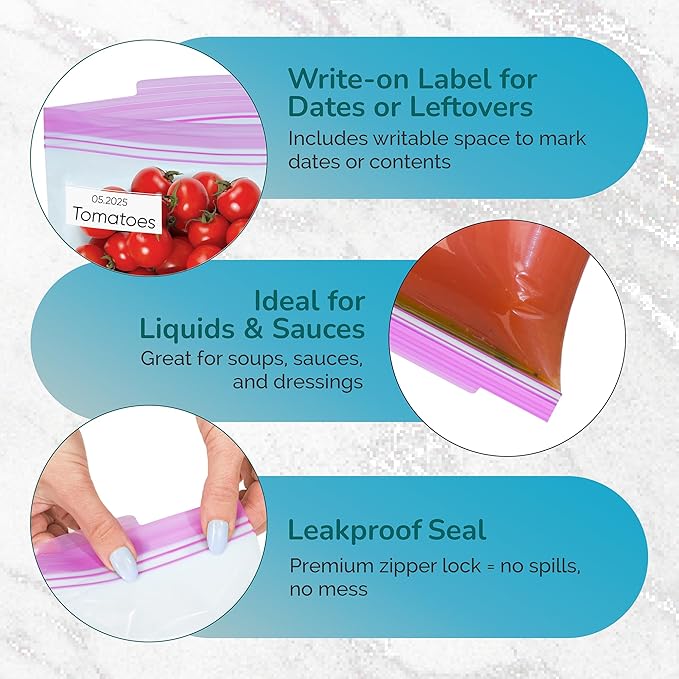 J&&J Fresh Gallon Zipper Bags, 50 Pack — Reusable, BPA-Free, Leakproof — Expandable Bottom, Microwave-Safe, Strong Zipper Lock Seal — For Meat, Veggies, Soup, Freezer & Fridge — Durable & Washable