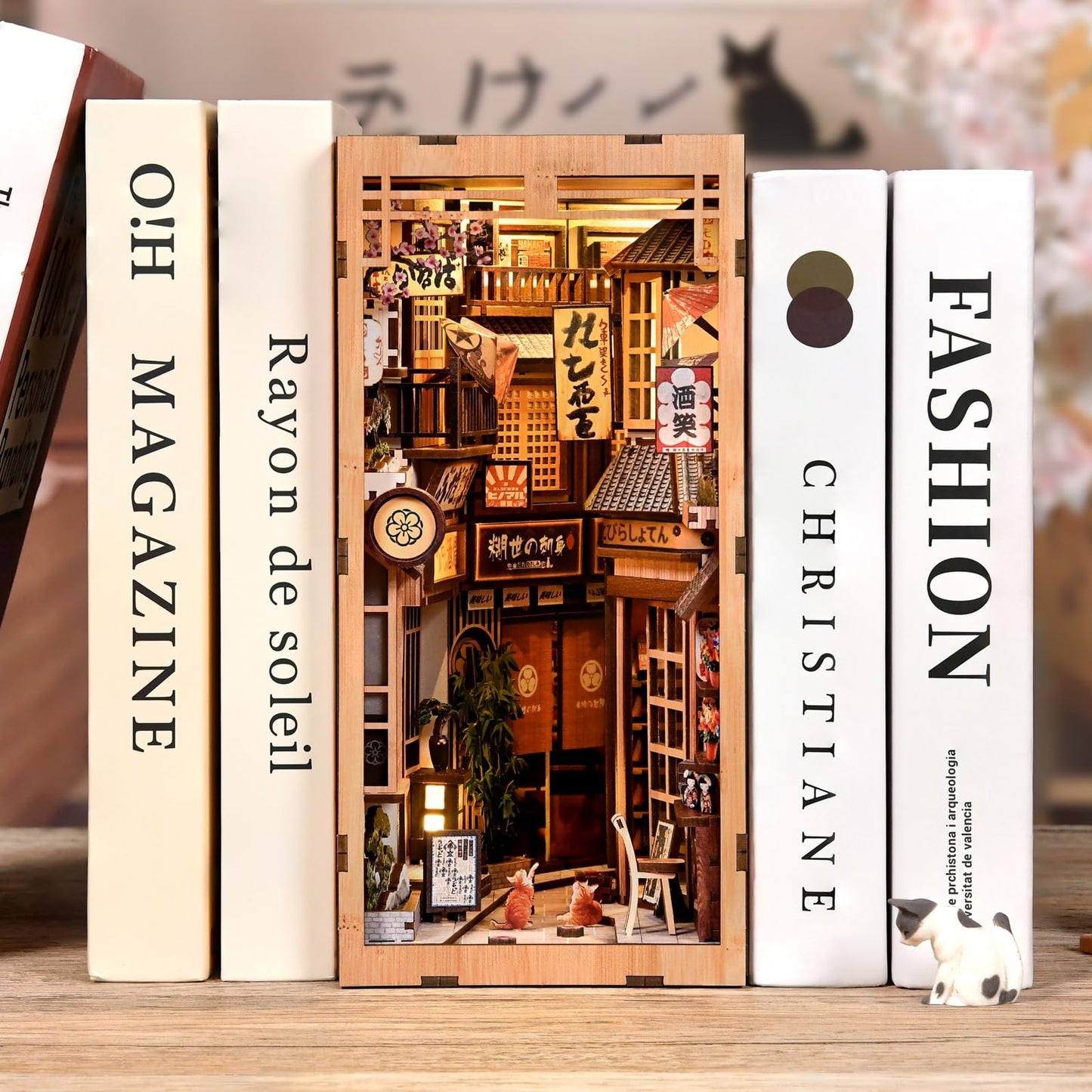 DIY Book Nook Kit, 3D Wooden Puzzle Bookend with LED Light, Japanese Street Alley Miniature House Model, Creative Shelf Insert Decor & Arts Crafts Gift for Adults Teens (The Alley Waiting for the Cat)