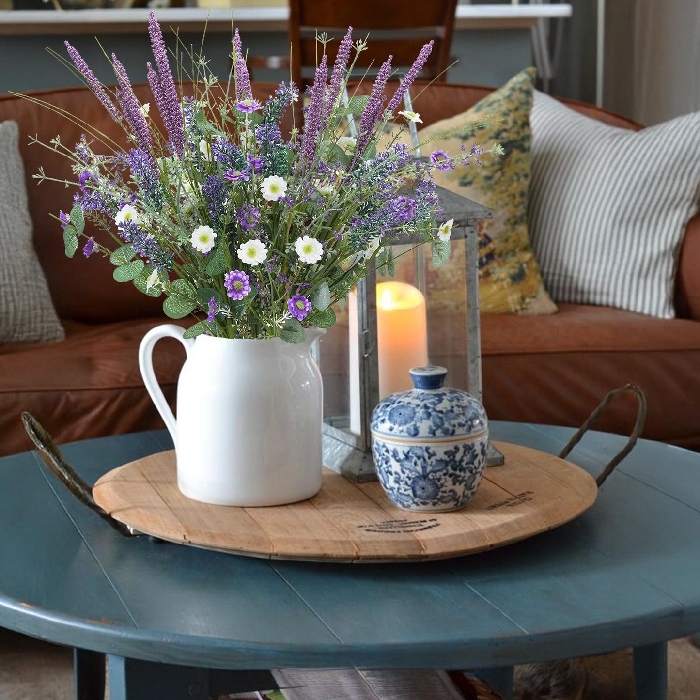 HO2NLE 19.6" Fake Lavender Flowers Artificial Purple 5Pcs Faux Florals Plastic Flowers with Daisies Bulk Bush Spring Summer for Garden Porch Table Centerpieces Home Kitchen Wedding Decorations