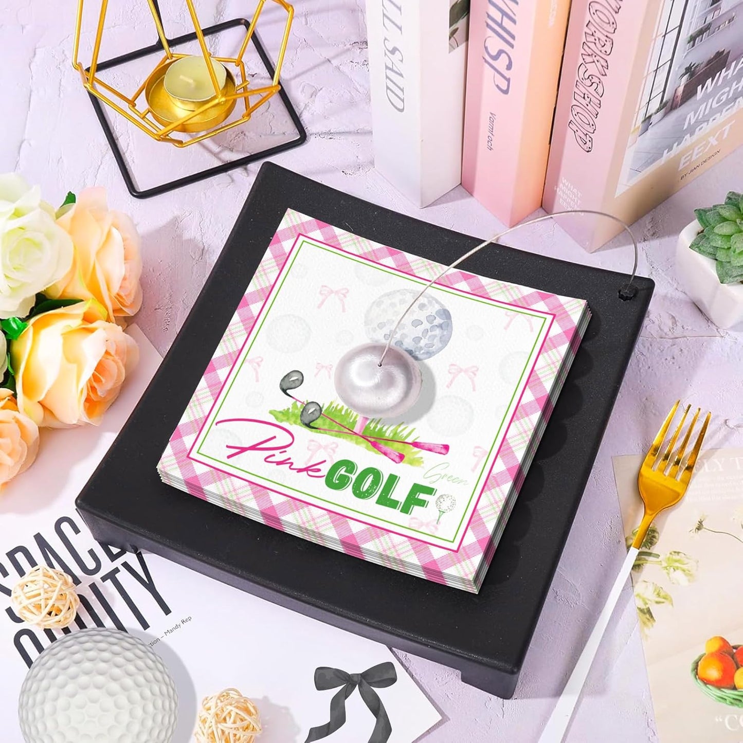 40PCS Golf Paper Napkins – Golf Party Napkins with Pink, Green & Plaid Design for Baby Showers,Birthday Parties,Afternoon Tea,Daily Dining,Sports-Themed Gatherings,Girls’ Tea Parties,Bridal Showers