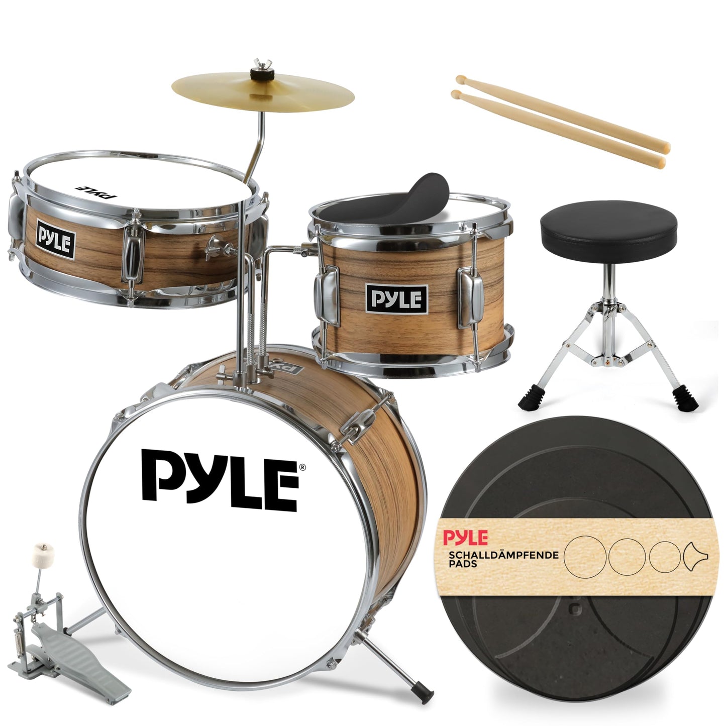 Pyle Kids Drum Set, 3 Piece Beginner Junior Drummer Kit with 13 Bass Drum, Snare, Tom, Cymbal, Adjustable Throne, Mutes, Drumsti